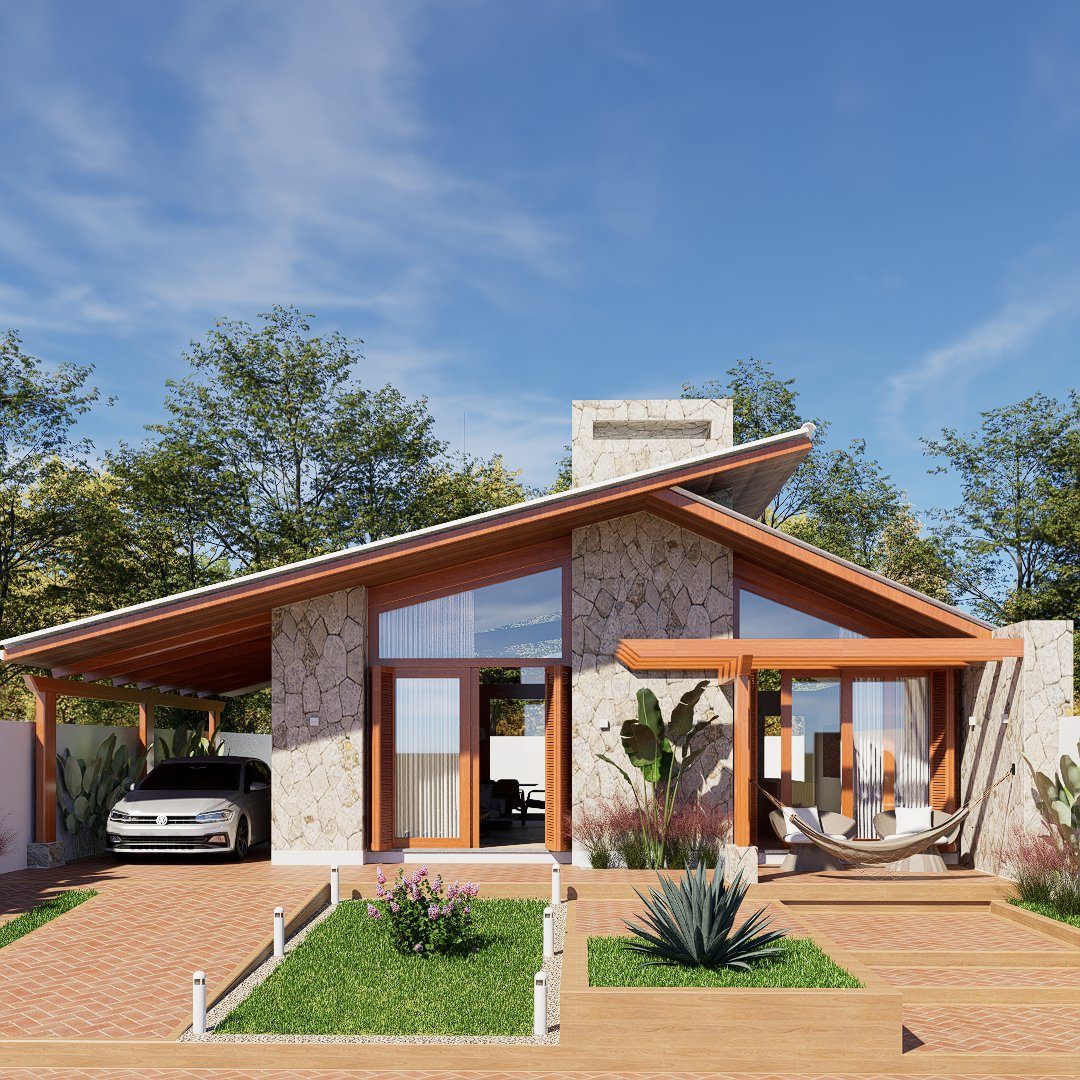 Fachada de residência com telhado inclinado em madeira, pedra natural e garagem coberta