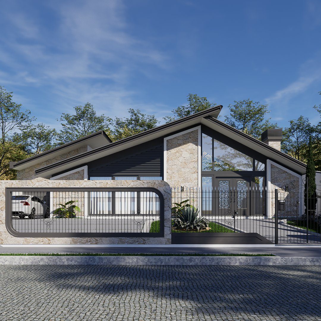 Residência moderna com portão automatizado, revestimento em pedra e calçada em paver