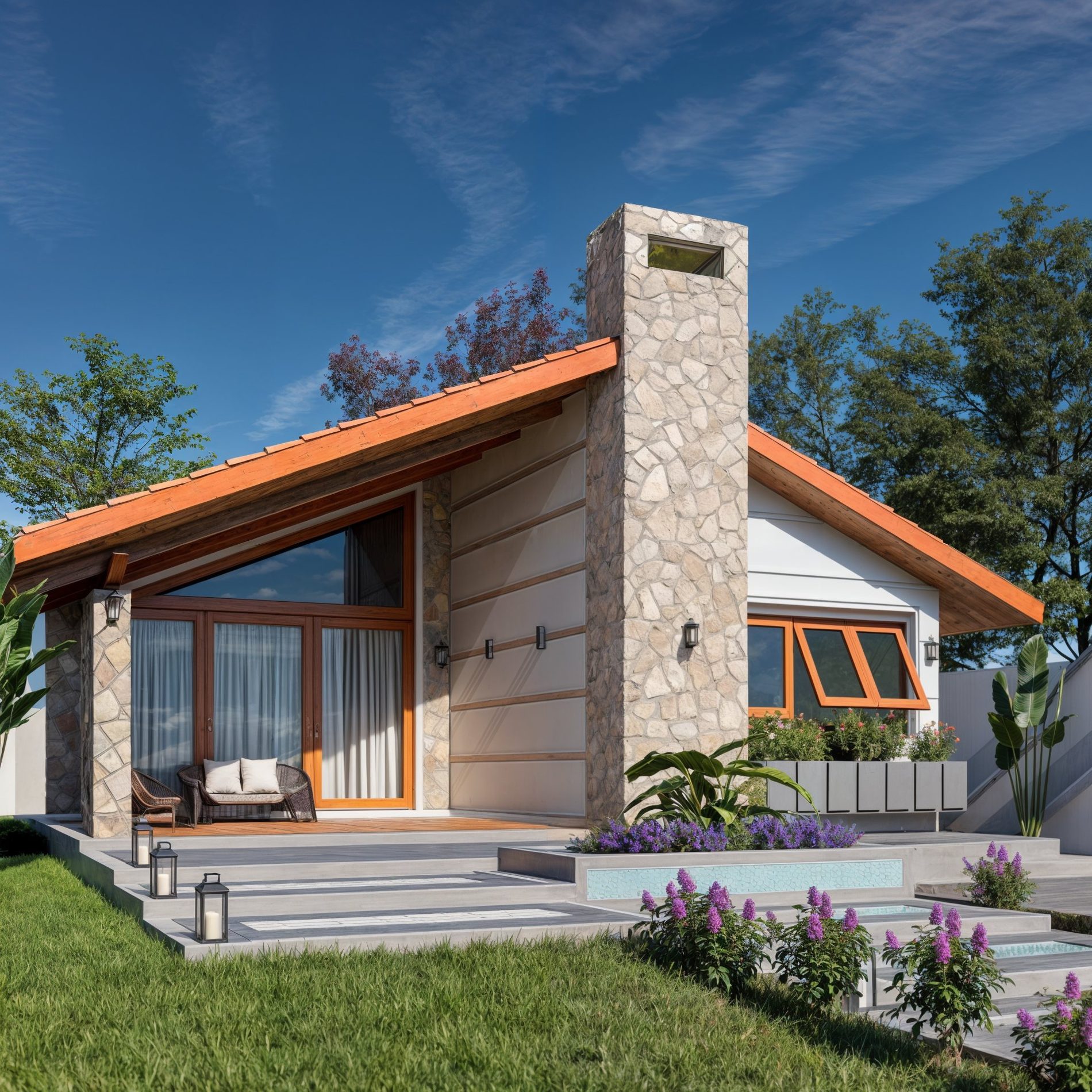 Residência contemporânea com telhado em madeira, revestimento em pedra natural e paisagismo, projeto Cubo Arquitetura em Dom Pedrito