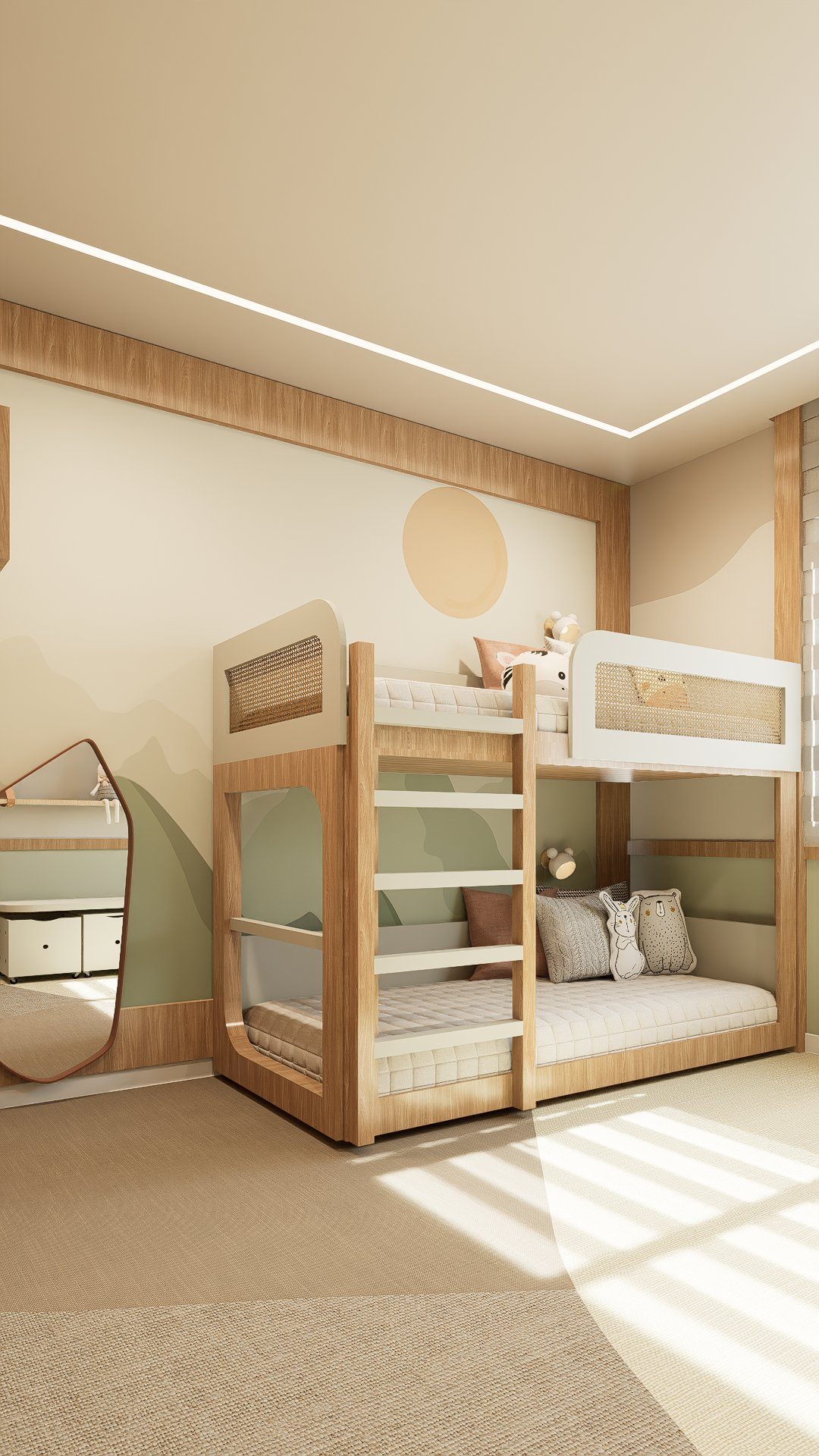 Quarto compartilhado com beliche planejado em madeira e iluminação embutida