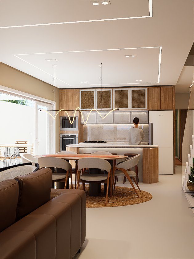 Ambiente integrado com cozinha, jantar e estar em planta aberta